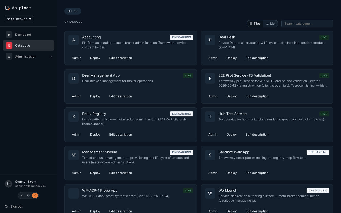 The hub.do.place catalogue in dark theme: service tiles for Deal Desk, Entity Registry, Workbench and other services, each with its lifecycle status and admin actions.