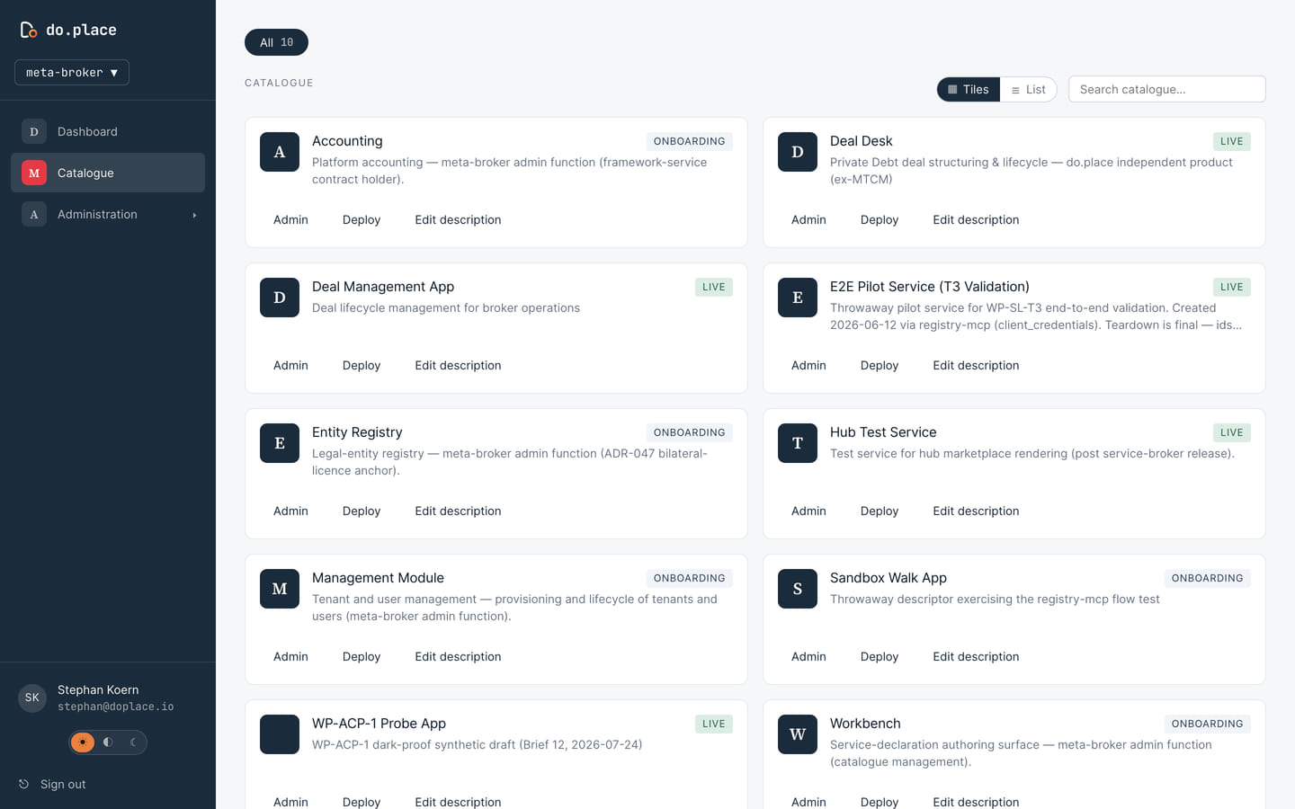 The hub.do.place catalogue in light theme: the same service tiles for Deal Desk, Entity Registry, Workbench and other services, each with its lifecycle status and admin actions.
